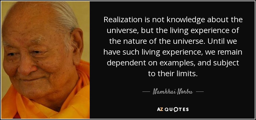 Realization is not knowledge about the universe, but the living experience of the nature of the universe. Until we have such living experience, we remain dependent on examples, and subject to their limits. - Namkhai Norbu