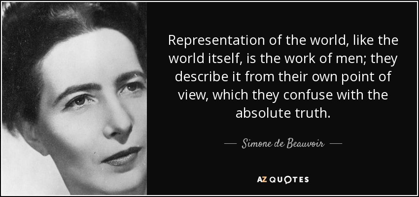 Representation of the world, like the world itself, is the work of men; they describe it from their own point of view, which they confuse with the absolute truth. - Simone de Beauvoir