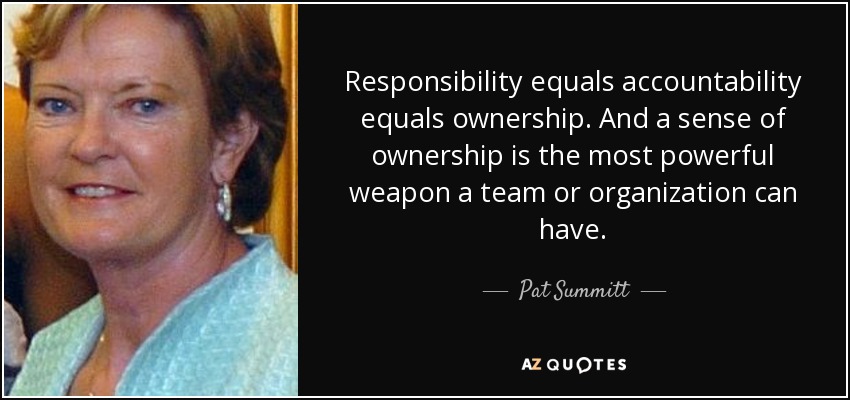 Responsibility equals accountability equals ownership. And a sense of ownership is the most powerful weapon a team or organization can have. - Pat Summitt