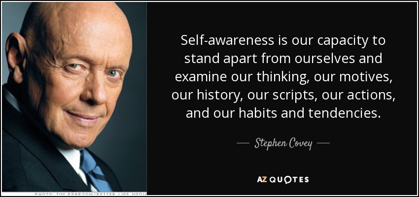 Self-awareness is our capacity to stand apart from ourselves and examine our thinking, our motives, our history, our scripts, our actions, and our habits and tendencies. - Stephen Covey