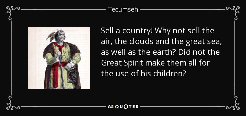 Sell a country! Why not sell the air, the clouds and the great sea, as well as the earth? Did not the Great Spirit make them all for the use of his children? - Tecumseh