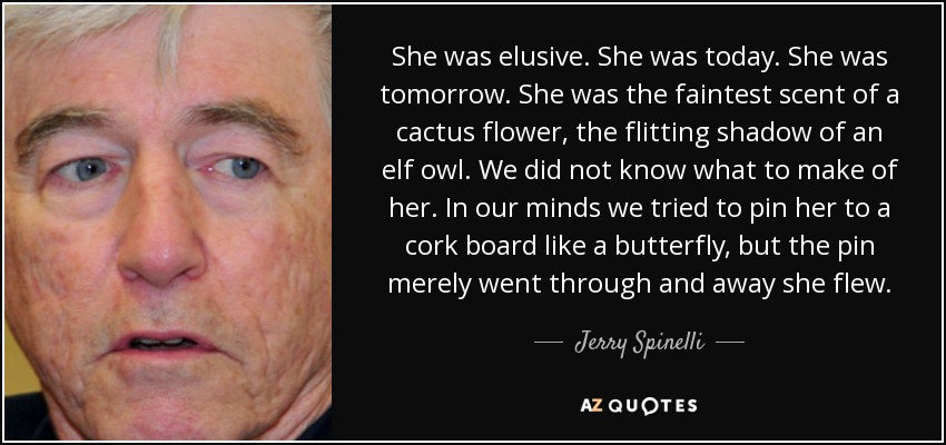 She was elusive. She was today. She was tomorrow. She was the faintest scent of a cactus flower, the flitting shadow of an elf owl. We did not know what to make of her. In our minds we tried to pin her to a cork board like a butterfly, but the pin merely went through and away she flew. - Jerry Spinelli