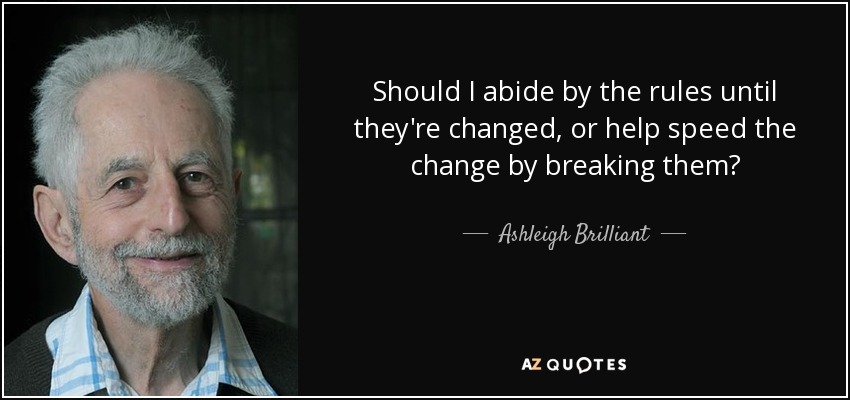 Should I abide by the rules until they're changed, or help speed the change by breaking them? - Ashleigh Brilliant