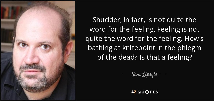 Shudder, in fact, is not quite the word for the feeling. Feeling is not quite the word for the feeling. How's bathing at knifepoint in the phlegm of the dead? Is that a feeling? - Sam Lipsyte