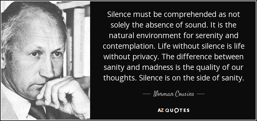 Silence must be comprehended as not solely the absence of sound. It is the natural environment for serenity and contemplation. Life without silence is life without privacy. The difference between sanity and madness is the quality of our thoughts. Silence is on the side of sanity. - Norman Cousins