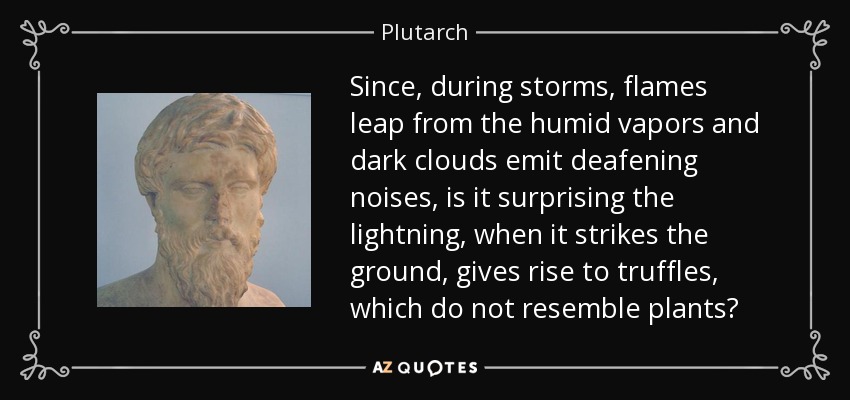 Since, during storms, flames leap from the humid vapors and dark clouds emit deafening noises, is it surprising the lightning, when it strikes the ground, gives rise to truffles, which do not resemble plants? - Plutarch