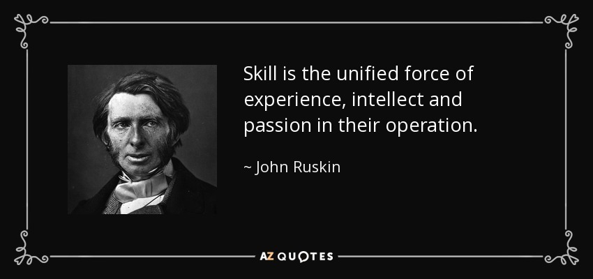 Skill is the unified force of experience, intellect and passion in their operation. - John Ruskin
