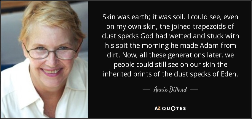 Skin was earth; it was soil. I could see, even on my own skin, the joined trapezoids of dust specks God had wetted and stuck with his spit the morning he made Adam from dirt. Now, all these generations later, we people could still see on our skin the inherited prints of the dust specks of Eden. - Annie Dillard