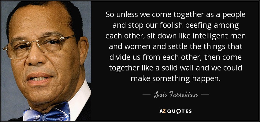 So unless we come together as a people and stop our foolish beefing among each other, sit down like intelligent men and women and settle the things that divide us from each other, then come together like a solid wall and we could make something happen. - Louis Farrakhan