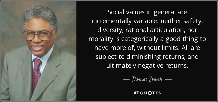 Social values in general are incrementally variable: neither safety, diversity, rational articulation, nor morality is categorically a good thing to have more of, without limits. All are subject to diminishing returns, and ultimately negative returns. - Thomas Sowell