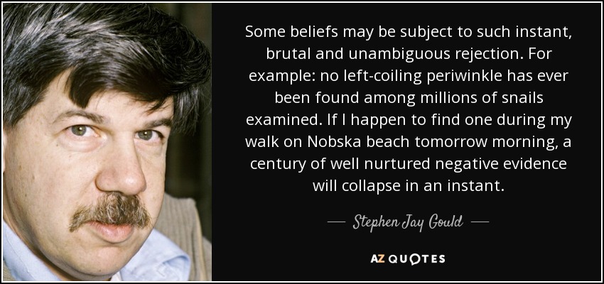 Some beliefs may be subject to such instant, brutal and unambiguous rejection. For example: no left-coiling periwinkle has ever been found among millions of snails examined. If I happen to find one during my walk on Nobska beach tomorrow morning, a century of well nurtured negative evidence will collapse in an instant. - Stephen Jay Gould