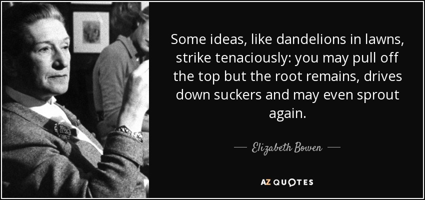 Some ideas, like dandelions in lawns, strike tenaciously: you may pull off the top but the root remains, drives down suckers and may even sprout again. - Elizabeth Bowen