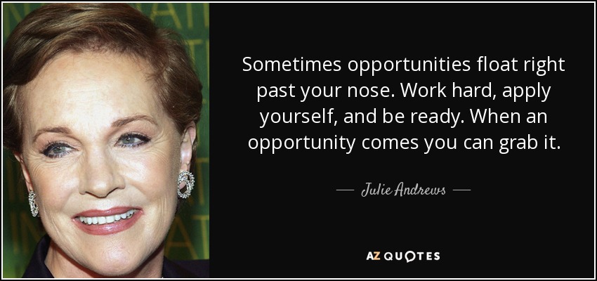 Sometimes opportunities float right past your nose. Work hard, apply yourself, and be ready. When an opportunity comes you can grab it. - Julie Andrews