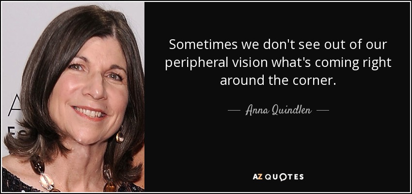Sometimes we don't see out of our peripheral vision what's coming right around the corner. - Anna Quindlen