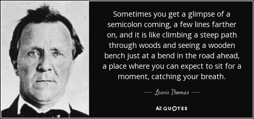 Sometimes you get a glimpse of a semicolon coming, a few lines farther on, and it is like climbing a steep path through woods and seeing a wooden bench just at a bend in the road ahead, a place where you can expect to sit for a moment, catching your breath. - Lewis Thomas
