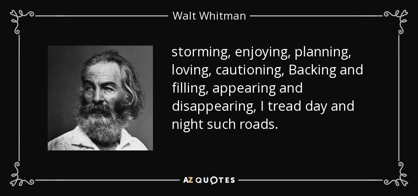 storming, enjoying, planning, loving, cautioning, Backing and filling, appearing and disappearing, I tread day and night such roads. - Walt Whitman