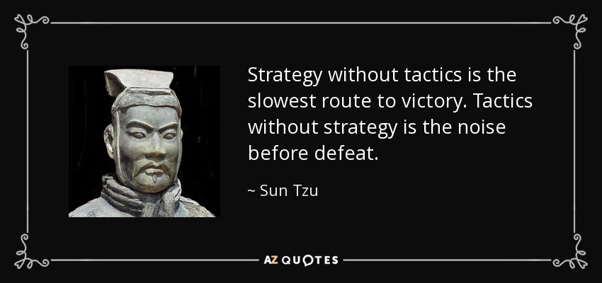 Strategy without tactics is the slowest route to victory. Tactics without strategy is the noise before defeat. - Sun Tzu