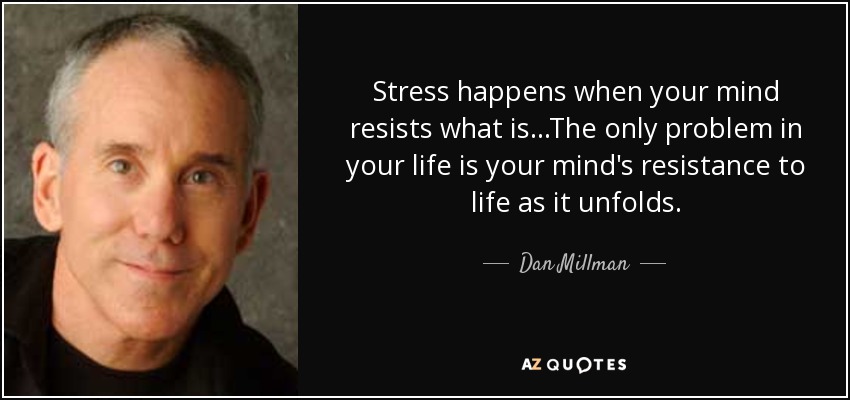 Stress happens when your mind resists what is...The only problem in your life is your mind's resistance to life as it unfolds. - Dan Millman