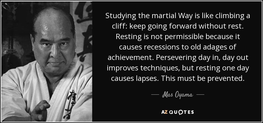 Studying the martial Way is like climbing a cliff: keep going forward without rest. Resting is not permissible because it causes recessions to old adages of achievement. Persevering day in, day out improves techniques, but resting one day causes lapses. This must be prevented. - Mas Oyama