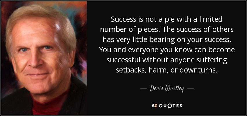 Success is not a pie with a limited number of pieces. The success of others has very little bearing on your success. You and everyone you know can become successful without anyone suffering setbacks, harm, or downturns. - Denis Waitley