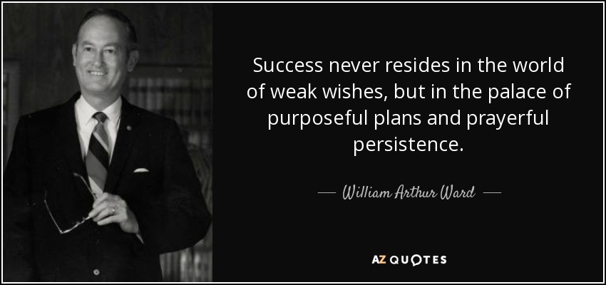 Success never resides in the world of weak wishes, but in the palace of purposeful plans and prayerful persistence. - William Arthur Ward