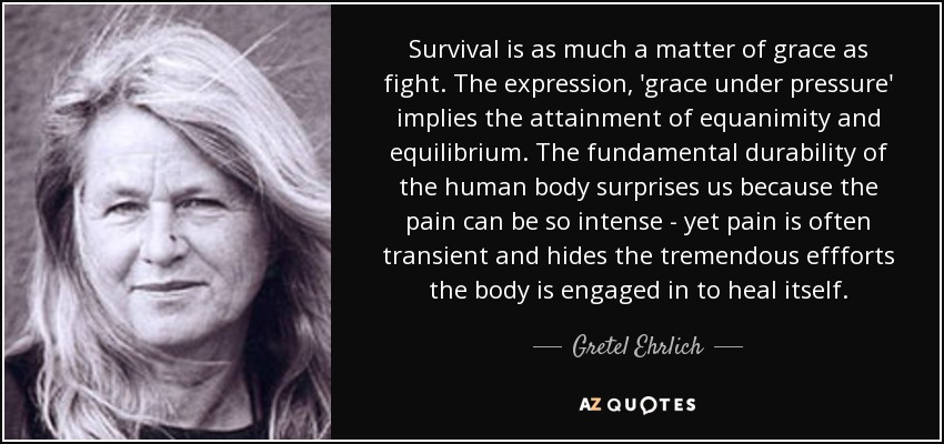 Survival is as much a matter of grace as fight. The expression, 'grace under pressure' implies the attainment of equanimity and equilibrium. The fundamental durability of the human body surprises us because the pain can be so intense - yet pain is often transient and hides the tremendous effforts the body is engaged in to heal itself. - Gretel Ehrlich