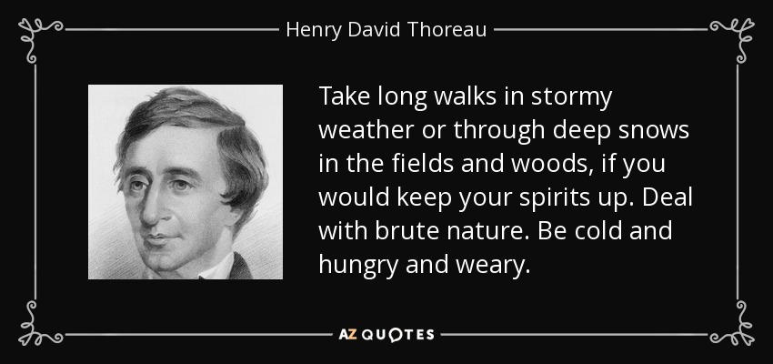 Take long walks in stormy weather or through deep snows in the fields and woods, if you would keep your spirits up. Deal with brute nature. Be cold and hungry and weary. - Henry David Thoreau