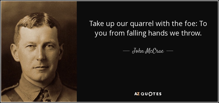 Take up our quarrel with the foe: To you from falling hands we throw. - John McCrae