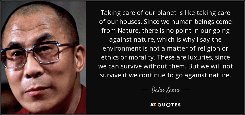 Taking care of our planet is like taking care of our houses. Since we human beings come from Nature, there is no point in our going against nature, which is why I say the environment is not a matter of religion or ethics or morality. These are luxuries, since we can survive without them. But we will not survive if we continue to go against nature. - Dalai Lama