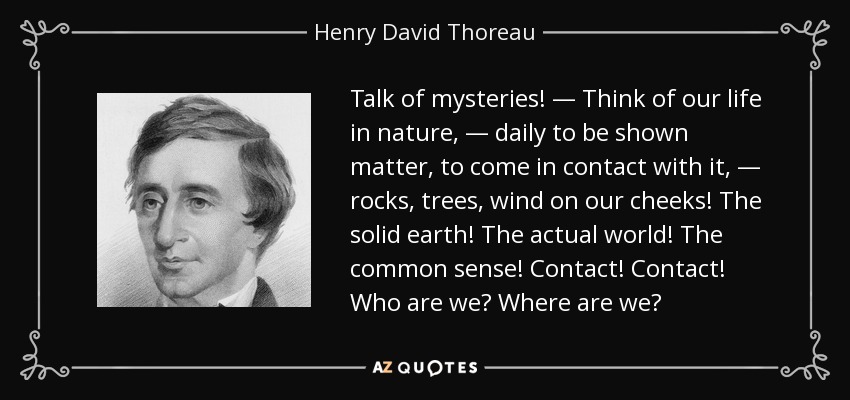 Talk of mysteries! — Think of our life in nature, — daily to be shown matter, to come in contact with it, — rocks, trees, wind on our cheeks! The solid earth! The actual world! The common sense! Contact! Contact! Who are we? Where are we? - Henry David Thoreau