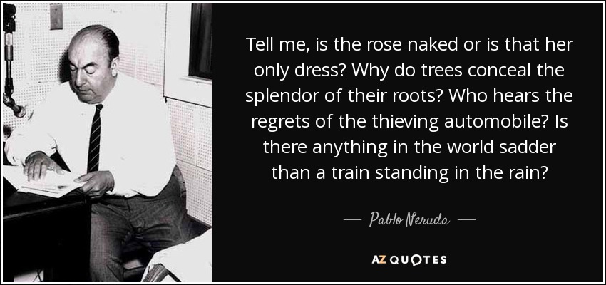 Tell me, is the rose naked or is that her only dress? Why do trees conceal the splendor of their roots? Who hears the regrets of the thieving automobile? Is there anything in the world sadder than a train standing in the rain? - Pablo Neruda