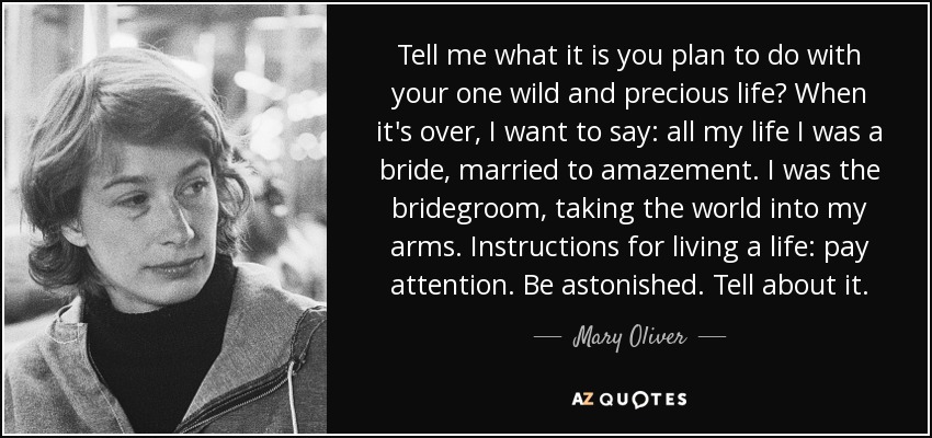 Tell me what it is you plan to do with your one wild and precious life? When it's over, I want to say: all my life I was a bride, married to amazement. I was the bridegroom, taking the world into my arms. Instructions for living a life: pay attention. Be astonished. Tell about it. - Mary Oliver