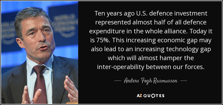 Ten years ago U.S. defence investment represented almost half of all defence expenditure in the whole alliance. Today it is 75%. This increasing economic gap may also lead to an increasing technology gap which will almost hamper the inter-operability between our forces. - Anders Fogh Rasmussen