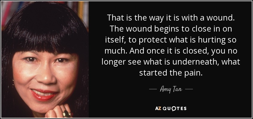 That is the way it is with a wound. The wound begins to close in on itself, to protect what is hurting so much. And once it is closed, you no longer see what is underneath, what started the pain. - Amy Tan