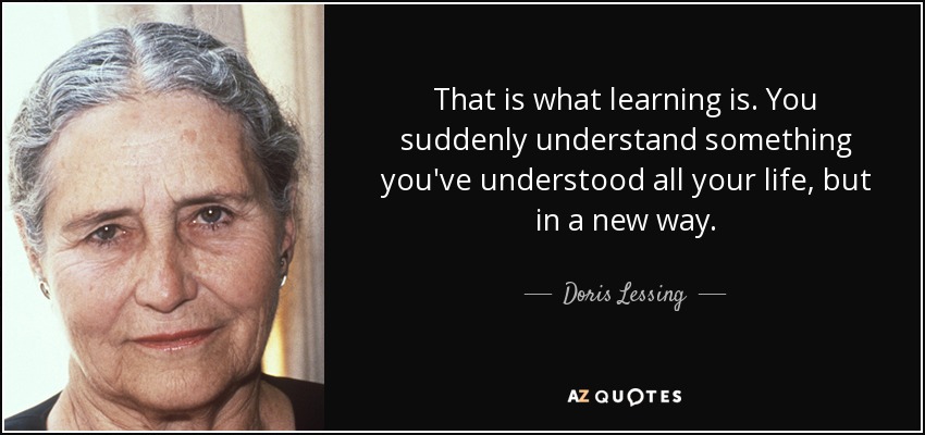That is what learning is. You suddenly understand something you've understood all your life, but in a new way. - Doris Lessing
