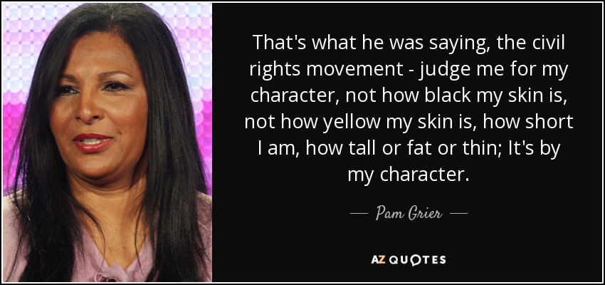 That's what he was saying, the civil rights movement - judge me for my character, not how black my skin is, not how yellow my skin is, how short I am, how tall or fat or thin; It's by my character. - Pam Grier