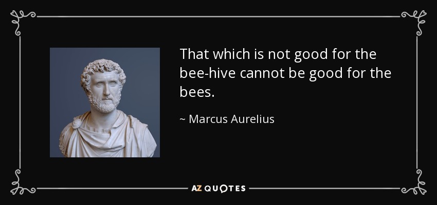 That which is not good for the bee-hive cannot be good for the bees. - Marcus Aurelius