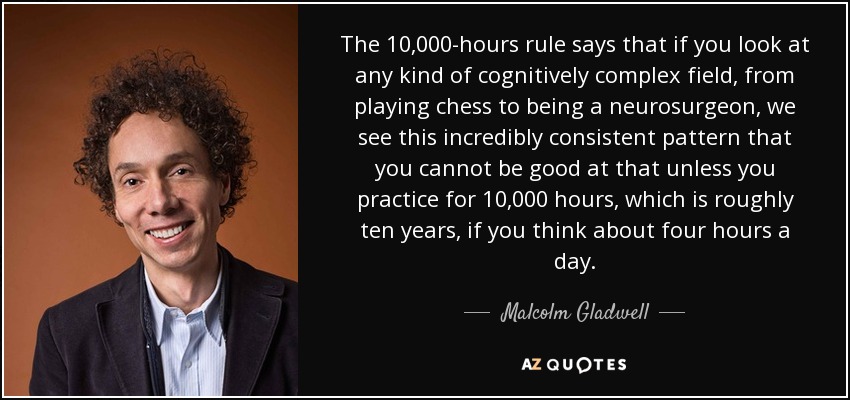 The 10,000-hours rule says that if you look at any kind of cognitively complex field, from playing chess to being a neurosurgeon, we see this incredibly consistent pattern that you cannot be good at that unless you practice for 10,000 hours, which is roughly ten years, if you think about four hours a day. - Malcolm Gladwell