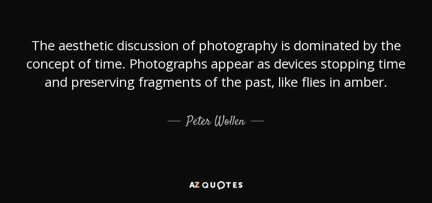 The aesthetic discussion of photography is dominated by the concept of time. Photographs appear as devices stopping time and preserving fragments of the past, like flies in amber. - Peter Wollen