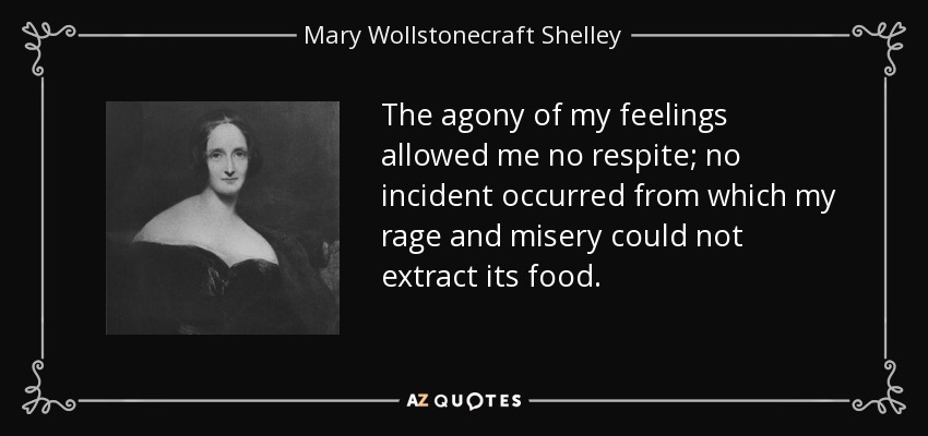 The agony of my feelings allowed me no respite; no incident occurred from which my rage and misery could not extract its food. - Mary Wollstonecraft Shelley