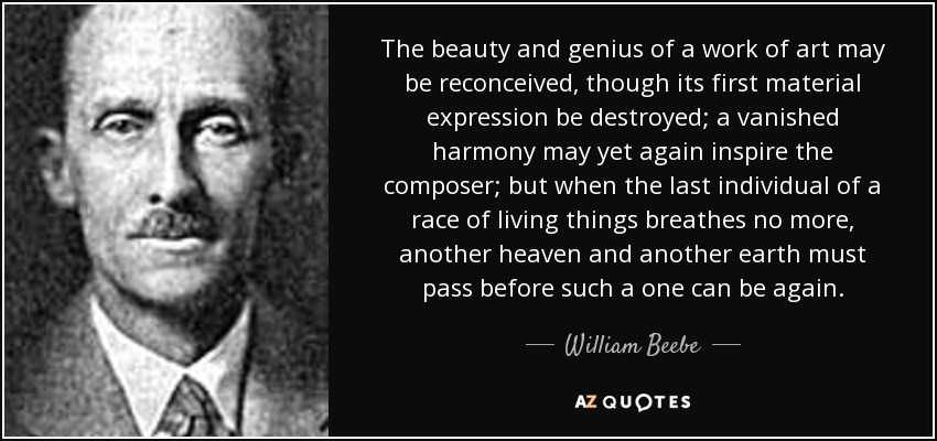 The beauty and genius of a work of art may be reconceived, though its first material expression be destroyed; a vanished harmony may yet again inspire the composer; but when the last individual of a race of living things breathes no more, another heaven and another earth must pass before such a one can be again. - William Beebe