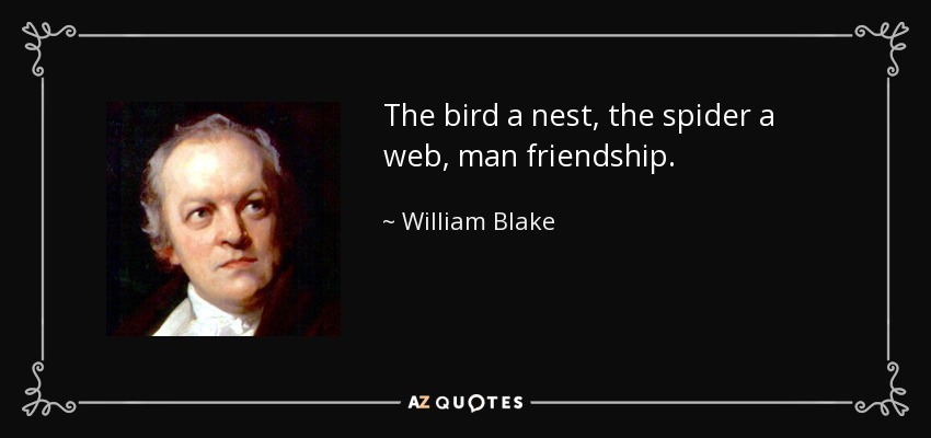 The bird a nest, the spider a web, man friendship. - William Blake