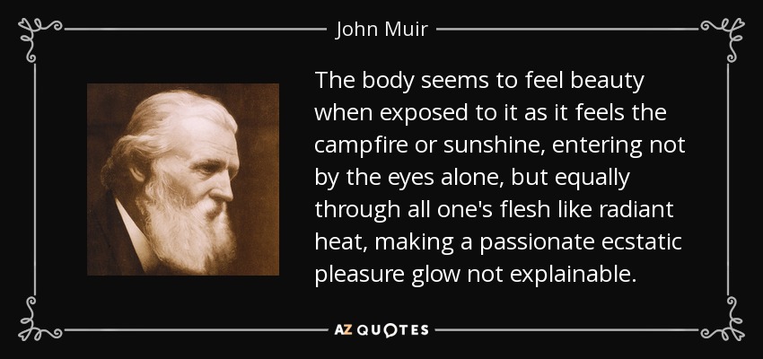 The body seems to feel beauty when exposed to it as it feels the campfire or sunshine, entering not by the eyes alone, but equally through all one's flesh like radiant heat, making a passionate ecstatic pleasure glow not explainable. - John Muir