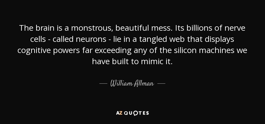 The brain is a monstrous, beautiful mess. Its billions of nerve cells - called neurons - lie in a tangled web that displays cognitive powers far exceeding any of the silicon machines we have built to mimic it. - William Allman