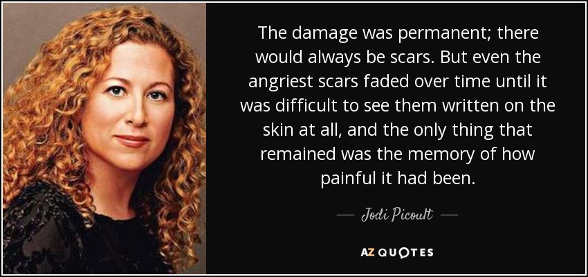 The damage was permanent; there would always be scars. But even the angriest scars faded over time until it was difficult to see them written on the skin at all, and the only thing that remained was the memory of how painful it had been. - Jodi Picoult