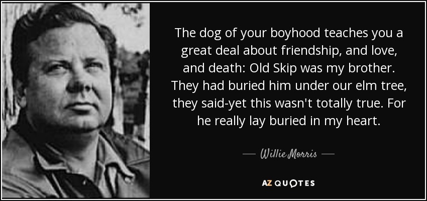 The dog of your boyhood teaches you a great deal about friendship, and love, and death: Old Skip was my brother. They had buried him under our elm tree, they said-yet this wasn't totally true. For he really lay buried in my heart. - Willie Morris