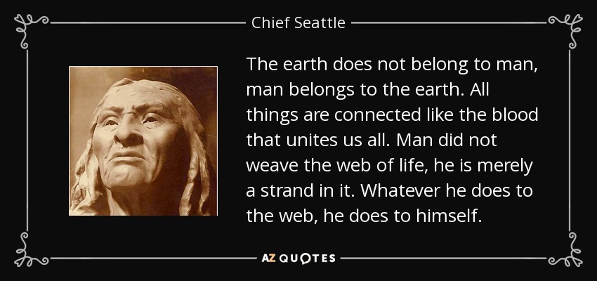 The earth does not belong to man, man belongs to the earth. All things are connected like the blood that unites us all. Man did not weave the web of life, he is merely a strand in it. Whatever he does to the web, he does to himself. - Chief Seattle