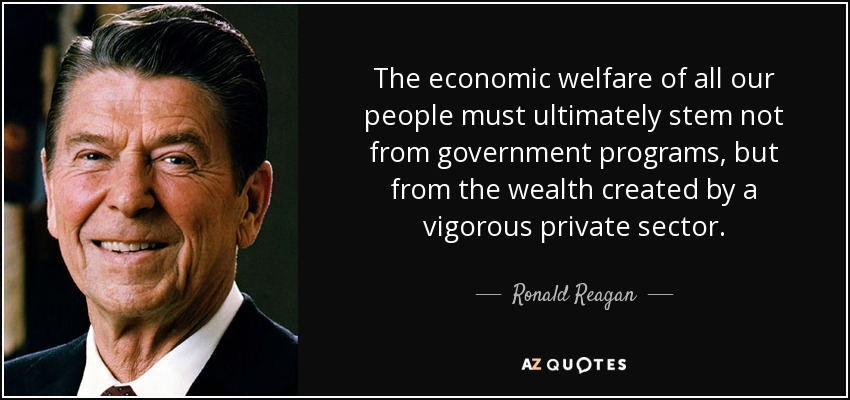 The economic welfare of all our people must ultimately stem not from government programs, but from the wealth created by a vigorous private sector. - Ronald Reagan