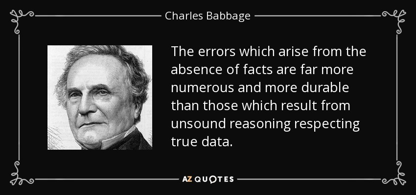 The errors which arise from the absence of facts are far more numerous and more durable than those which result from unsound reasoning respecting true data. - Charles Babbage