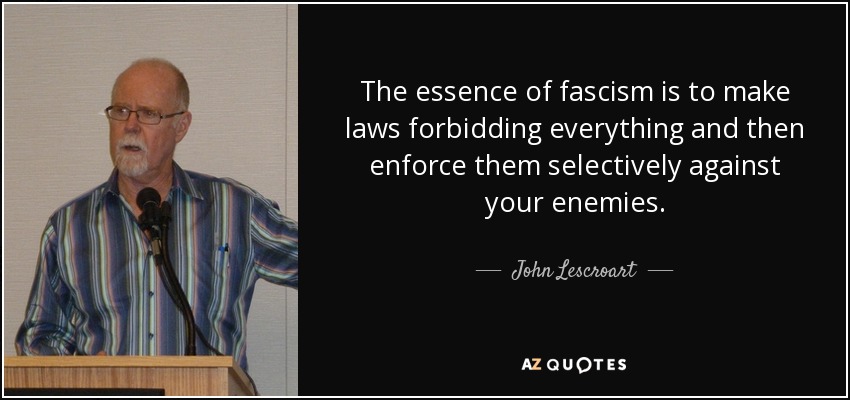 The essence of fascism is to make laws forbidding everything and then enforce them selectively against your enemies. - John Lescroart